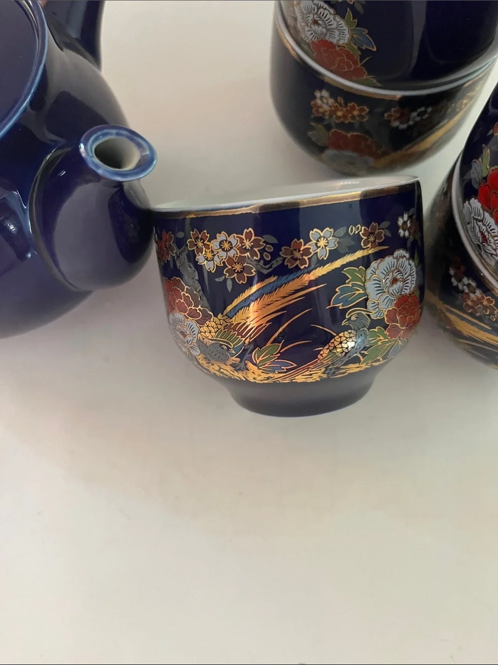 Vintage Porcelain Tea Set /side handle and 5 cups  Blue/gold with floral design